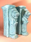 Ceramic Lion Vases Pair As A Lot Signed  "ARTE 4" Circa 1940s Glazed Blue 6 1/2"