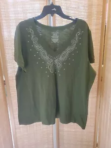 Laura Scott TShirt Womens Plus Size 20W 22W Green Short Sleeve V Neck Cotton - Picture 1 of 12