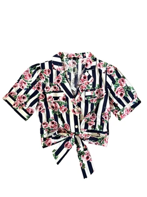 Nuevo con etiquetas Top Deco Lux Azul Rayas Estampado Floral Algodón Talla Pequeña Foto 1 de 4