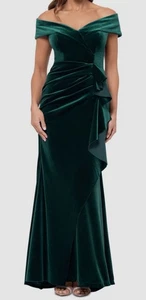 Xscape Women's Green Ruffled Off-The-Shoulder Velvet Gown Dress Petite Size: 12P - Picture 1 of 3