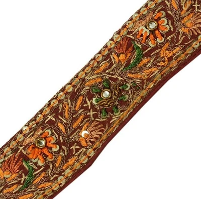 Vintage Sari Border Indian Craft Trim Hand Embroidered Sewing Ribbon Lace Maroon - Image 1 of 4