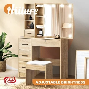 Oikiture Dressing Table Stool Set Makeup Slide Mirror Drawer 10 LED Bulbs Wooden - Picture 1 of 11