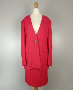 Vintage 80's Jaeger Suit 10 Pink Jacket Skirt Linen Blend Power Shoulder Pads - Picture 1 of 9
