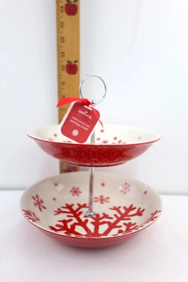 New Hallmark 2-Tiered Snowflake Serving Stand Red & White Christmas - Image 1 of 4