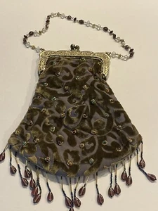 Antique Victorian Hand Sewn Green Embossed Velvet Beaded Purse, Silk Lined - Picture 1 of 16
