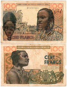 West African States 100 Francs P#2b (1959-62) F/VF - Picture 1 of 1