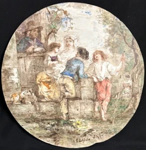 Large Painted Signed Oil on Porcelain Plate, Adults, Children & Dog, Rare 19th c - Picture 1 of 10