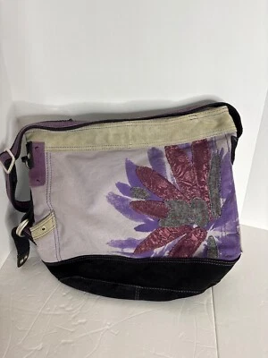 Lucky Brand Leather Canvas Runaway Y2K vintage crossbody Tote Boho hippie purple - Image 1 of 4