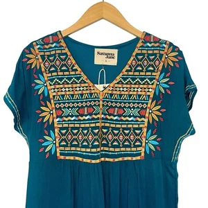 NWT Savannah Jane Embroidered V Neck Dress Teal Midi Lined Boho Womans Sz Small - Picture 1 of 10