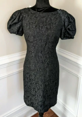 Vintage VICTOR COSTA Formal Black Puff Sleeve Dress Lace Floral Cocktail Size 8 - Image 1 of 4