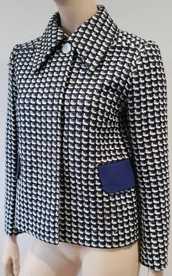 Jaqueta Blazer CARVEN Azul Branco Marrom Mistura de Algodão Texturizada Xadrez Forrada 40 UK12 - Imagem 1 de 4