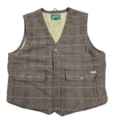 VTG Woolrich Brown Wool Herringbone Tweed Vest Sherpa Lined Mens XL Pockets - Image 1 of 4