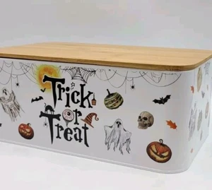 HALLOWEEN FARMHOUSE TRICK ODER BEHANDLUNG METALL AUFBEWAHRUNG BROTBOX GHOST PUMPKIN - Bild 1 von 4