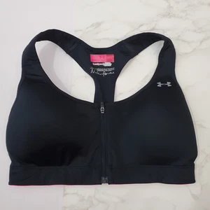 Under Armour Sport Bra 36C Black Pink Front Zip Heat Gear Wireless Light Lining - Imagen 1 de 8