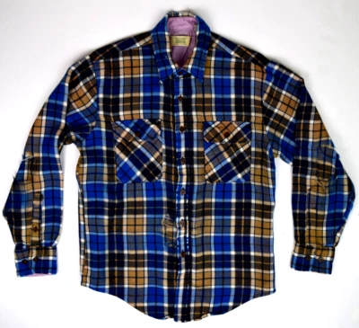Vintage Plaid Flannel Shirt Sears Size M 70s Golden Blue Cobain Special Distress - Image 1 of 4