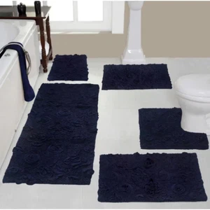 Modesto Bath Rug 100% Cotton Bath Rugs Set, 5-Pcs Set with Contour, Navy - Picture 1 of 8
