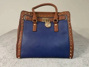 Michael Kors Hamilton Croco Leather Denim Blue & Brown Studded Tote Shoulder Bag - Picture 1 of 11