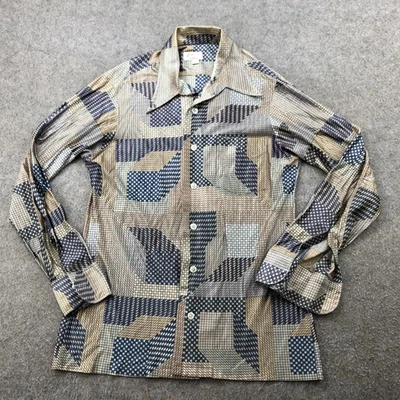 Camisa De Colección Enro Para Hombre Mediana Marrón Azul Estampado Geométrico Disco Manga Larga Años 70 Foto 1 de 4