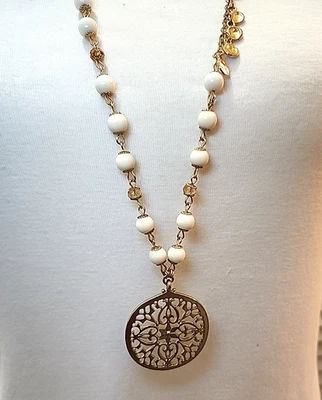 Long Gold & White Faceted Bead Fashion Necklace - Gold  Dangle - Image 1 of 4