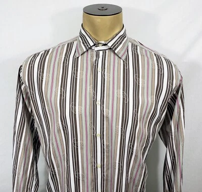 Hombres ETRO Milano Italia Marrón Beige Paisley Rayas Abotonado Vestido Camisa Talla 43 Foto 1 de 4
