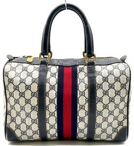 Auth Gucci GG Supreme Sherry Line PVC/Leather Navy Boston Bag GPJ040198 - Picture 1 of 21
