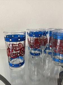 9 Pepsi Cola Tiffany Style Stained High Ball Tumbler Glasses Red Blue 5” - Picture 1 of 5