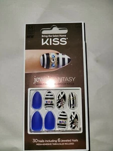 KISS Jewel FANTASY NAILS GLUE ON MEDIUM ALMOND Blue & Black 69115 - Picture 1 of 4
