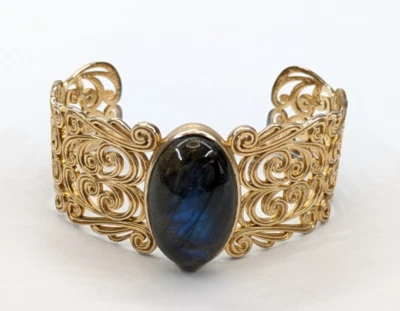 Bellezza Italy Labradorite Cabochon Openwork Gold Tone Bronze Cuff Bracelet - Image 1 of 4