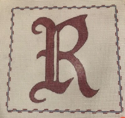 VTG Letter ‘R’ Initial Monogram ETA Needlepoint Canvas Old English Maroon Red - Image 1 of 3