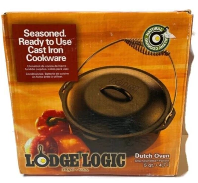 Lodge Logic 5 cuartos Horno holandés de hierro fundido sazonado mango en espiral L8D03 negro nuevo en caja Foto 1 de 4