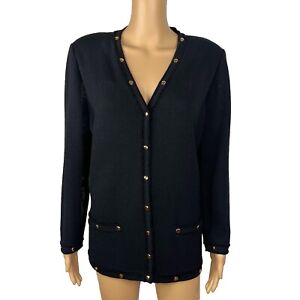 St John Collection By Marie Gray Blazer L Black Knit Zip Up Pockets Gold Button