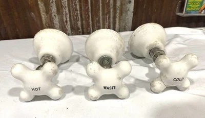 Vintage White Porcelain Cross Handle Faucet Knobs Hot Cold Waste Old Claw Foot - Image 1 of 4