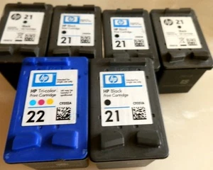 6 HP 21 AND 22 Ink Cartridges Virgin Empty Never Refilled - Bild 1 von 1