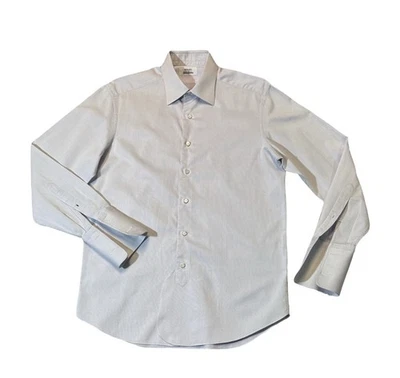 Camisa de vestir de lujo Fray para hombre 16 R gris claro micro patrón puño francés usada en excelente estado Foto 1 de 4