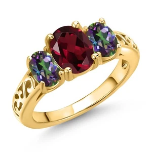 2.55 Ct Rhodolite Garnet Green Mystic Topaz 18K Yellow Gold Plated Silver Ring - Picture 1 of 6