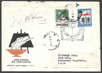Poland Cachet 1000 Schools Set FDC First Day Cover, Later Registered to USA 1959 - Image 1 of 2