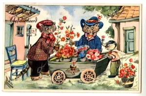 Vintage Postcard Anthropomorphic Cats / Dressed Cats - Flowers Cart - Picture 1 of 2