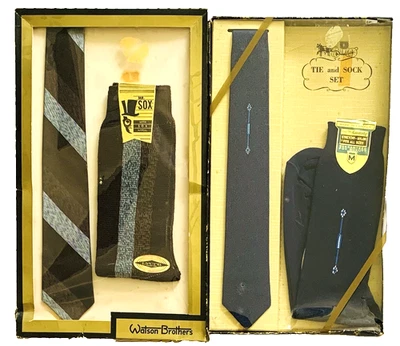 Vintage 1960s Stretch Nylon Socks & Matching Skinny 2" Wide Tie Box Gift Set NOS Foto 1 de 4
