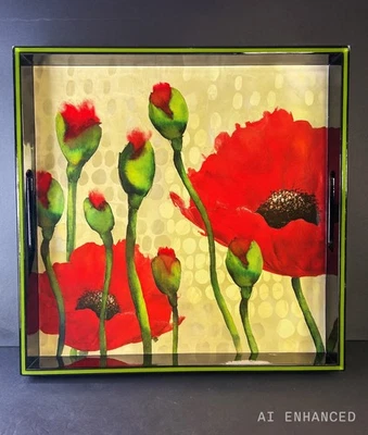 Red Iceland Poppy Square Lacquer 15” Serving Tray - Vintage Rockflowerpaper Co. - Image 1 of 4