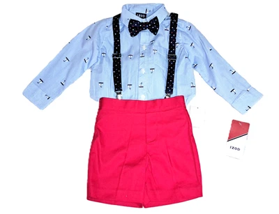 Мальчики IZOD морской костюм комплект 12 месяцев новый с Ярлыками парусник рубашка красные шорты подтяжки - Изображение 1 из 4