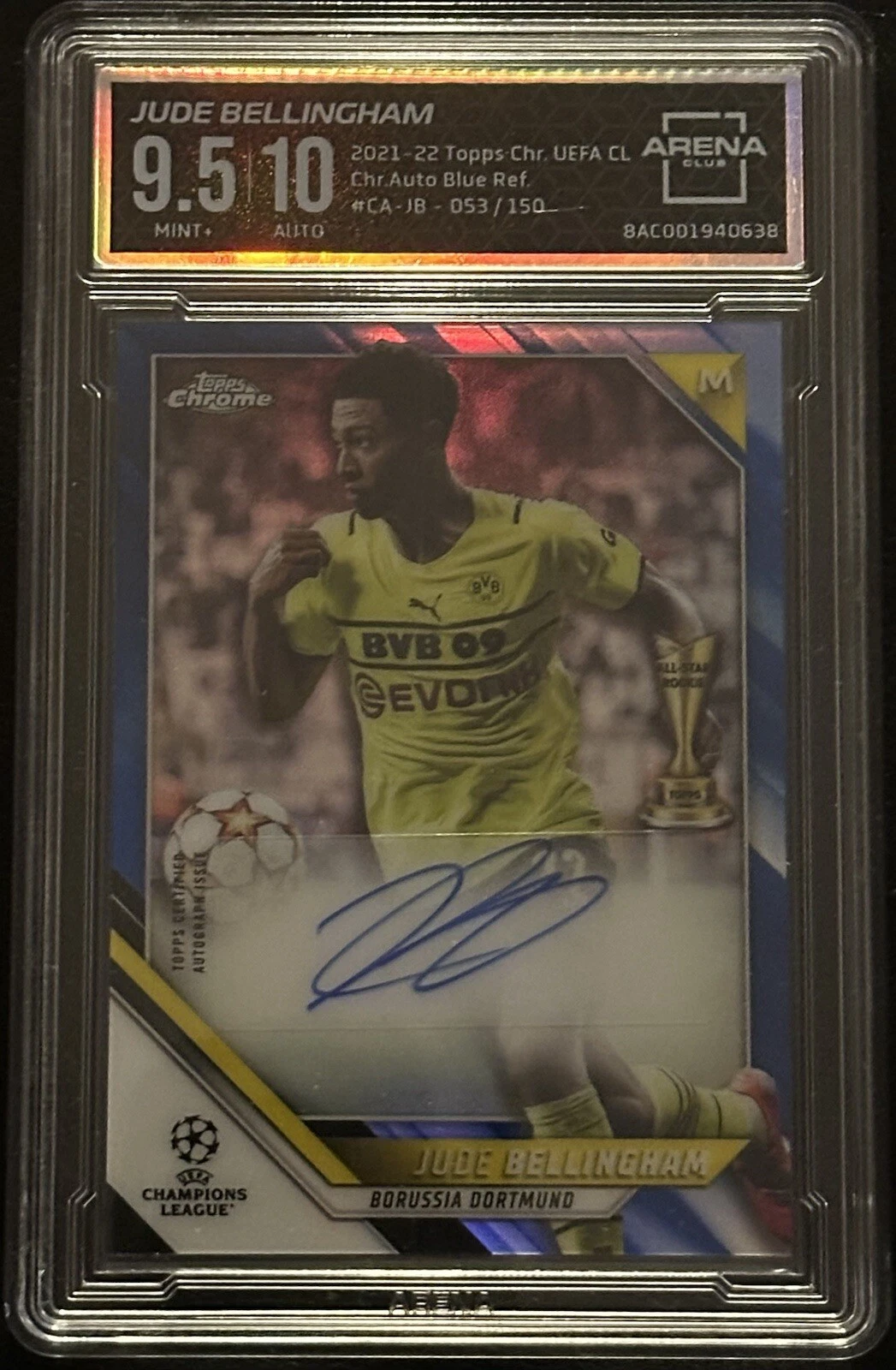JUDE BELLINGHAM ARENA CLUB 9.5/10 2021-22 TOPPS CHROME UCL BLUE REFRACTOR /150