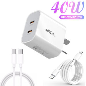 Dual Type C Fast Wall Charger USB C To C Cable Power Adapter For iPhone Samsung