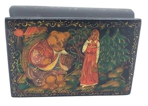 Scatola portagioie russa lacca riccioli d'oro orso incernierato dipinto a mano vintage - Foto 1 di 9