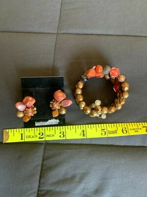 SET 3 Strand Bracelet Layered Beaded Bangle Stretch Stone Brown & Clip Earring - Image 1 of 4