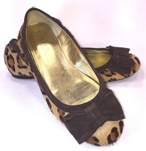 Ralph Lauren Cheetah Print Calf Fur Ballet Flats Brown Suede Trim & Bow Sz 6M - Picture 1 of 12