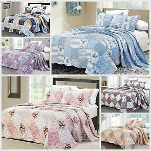 3 Pcs Quilted Bedspread Printed Patchwork Comforter Set Single Double Super King