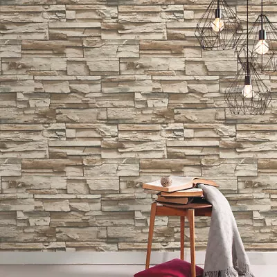 Rustic Farmhouse Lodge Stack Stone Rock Beige Brown 3D Peel and Stick Wallpaper - Image 1 of 4