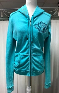 Vintage Knit Turquoise Embroidered Beaded Drawstring Zip Up Hoodie S - Picture 1 of 14