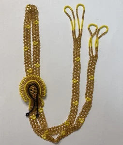 VINTAGE NATIVE AMERICAN PLAINS BEADED BOLO TIE CHIEF HEAD INDIAN YELLOW 34” - Picture 1 of 4