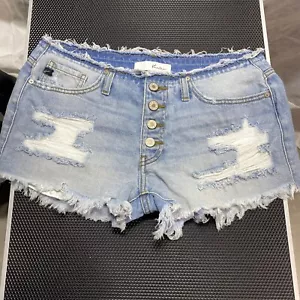 KANCAN Women’s Light Wash Denim Shorts Mid Rise Distressed Raw Hem Sz Large - Picture 1 of 6